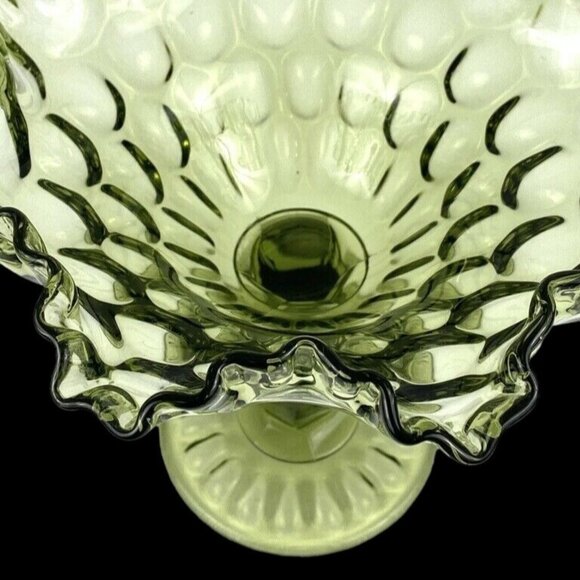 Compote Candy Dish Pedestal Green Thumb Print Ruffle 7" Height Vintage - Picture 6 of 8